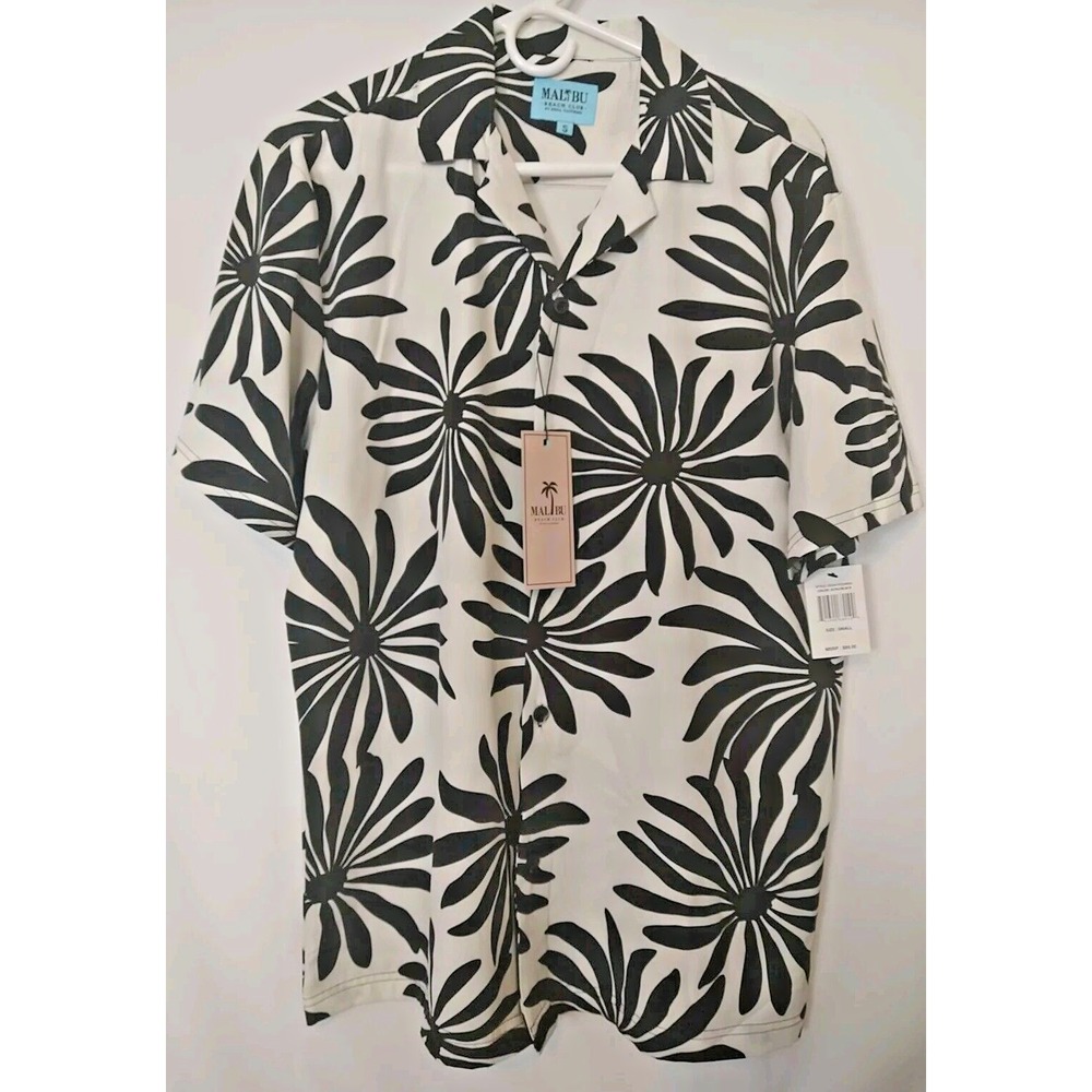Malibu Beach Club Men's Hawaiian Floral Tropical Short Sleeve Button Front Black